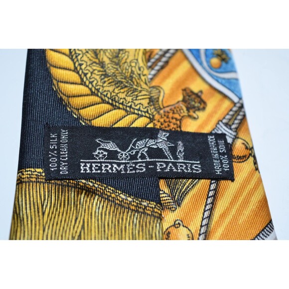 Vtg Hermes Les Tambours Black Gold drums tassels Tie 100% Silk Made in France - Picture 5 of 10